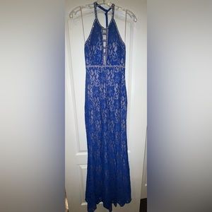 Blue long dress with lace and sequence detail